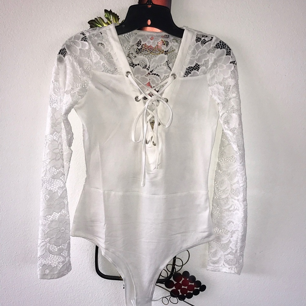 White Tie Front Bodysuit w Lace Sleeves